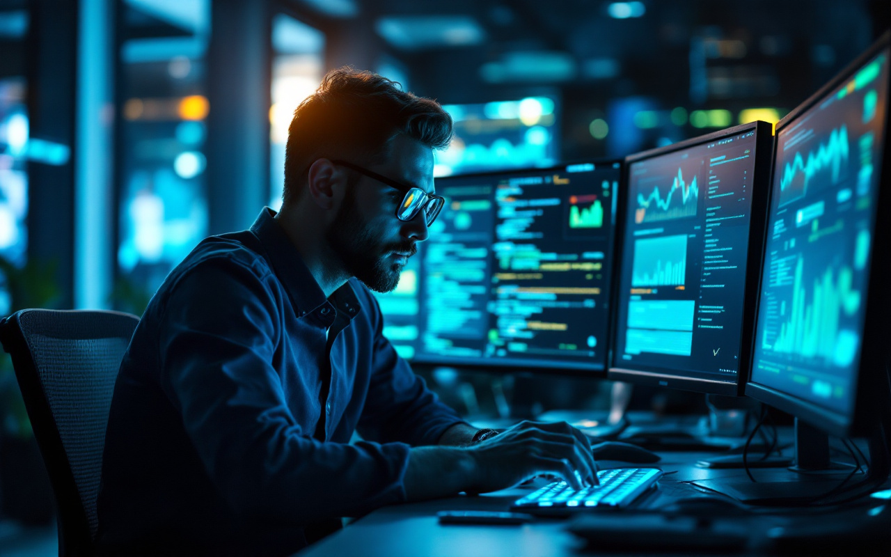 Un expert en cybersécurité analysant des données sur plusieurs écrans, entouré d'un environnement technologique moderne, avec des lumières bleu et vert, et des ombres douces.