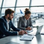 Une équipe d’entreprise dans un espace d’aéroport consulte un tableau de bord de gestion des déplacements sur un ordinateur portable et rassemble des documents d’assurance voyage pour un voyage d’affaires.