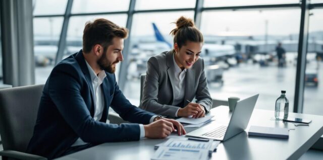 Une équipe d’entreprise dans un espace d’aéroport consulte un tableau de bord de gestion des déplacements sur un ordinateur portable et rassemble des documents d’assurance voyage pour un voyage d’affaires.