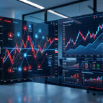 Écran financier moderne présentant une interface abstraite de réseau social et des graphiques boursiers rouges et bleus dans une ambiance professionnelle.