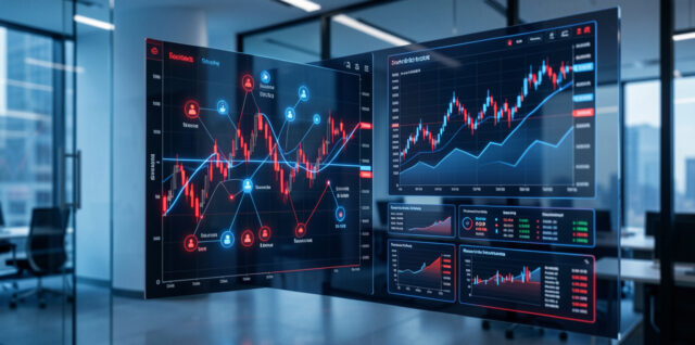 Écran financier moderne présentant une interface abstraite de réseau social et des graphiques boursiers rouges et bleus dans une ambiance professionnelle.