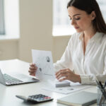 Consultante freelance travaillant dans un bureau lumineux devant un ordinateur, avec des documents financiers vierges et un tableau de trésorerie visuel soigneusement organisé.