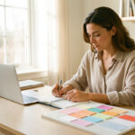 Femme freelance travaillant dans un bureau lumineux avec un agenda vierge, un ordinateur portable et un tableau d’organisation aux éléments colorés.
