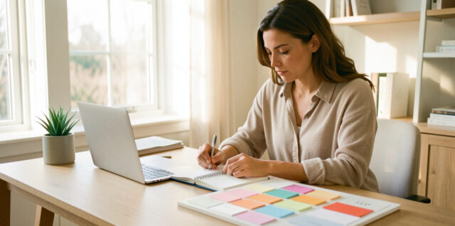 Femme freelance travaillant dans un bureau lumineux avec un agenda vierge, un ordinateur portable et un tableau d’organisation aux éléments colorés.