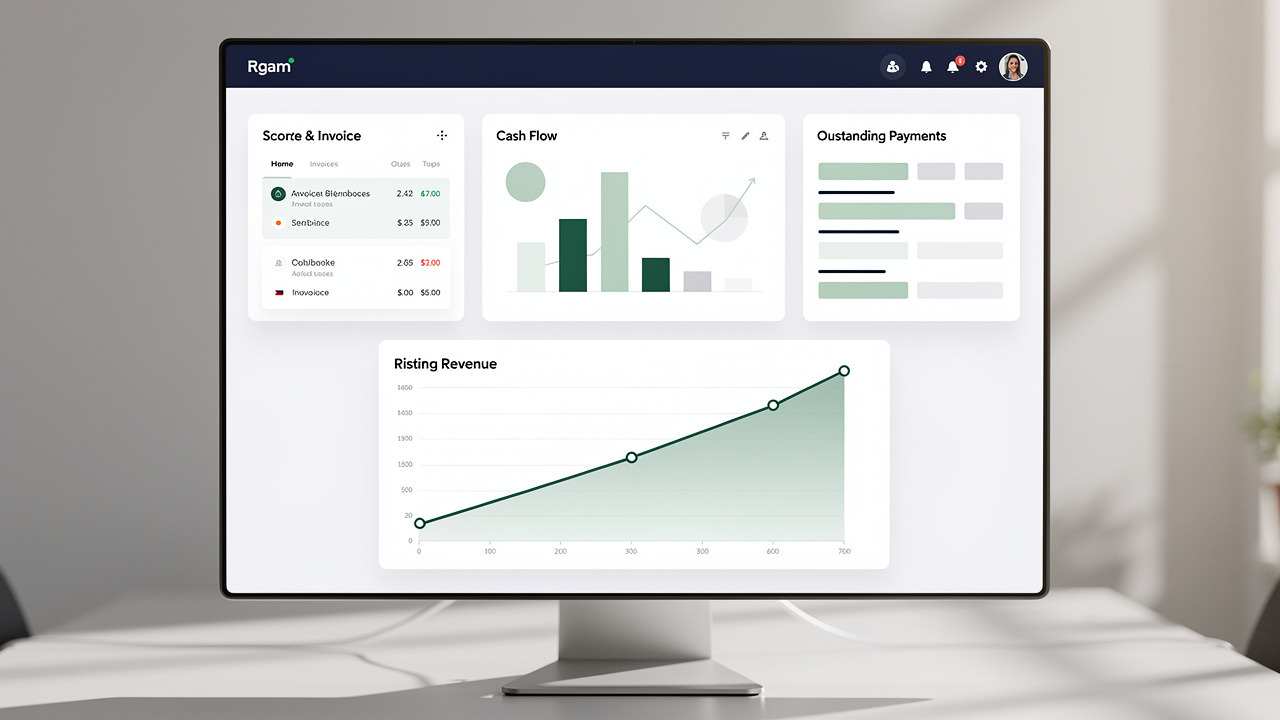 Interface sobre de gestion comptable pour indépendant avec tableaux de factures, trésorerie, impayés et graphique de chiffre d'affaires.