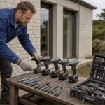 Artisan multiservices préparant soigneusement ses outils devant une maison contemporaine dans le Morbihan, sous une lumière naturelle et douce.