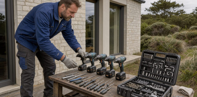 Artisan multiservices préparant soigneusement ses outils devant une maison contemporaine dans le Morbihan, sous une lumière naturelle et douce.