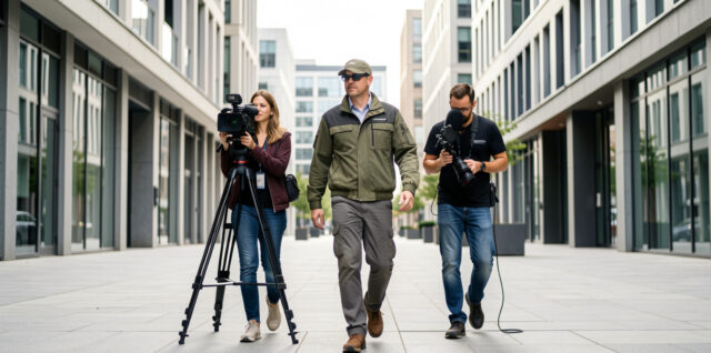 Une équipe de communication filme un agent de terrain dans un quartier urbain moderne, avec un cadrage dynamique et une lumière naturelle.