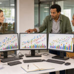 Deux femmes et un homme analysent ensemble des graphiques de croissance abstraits sur des ordinateurs dans un bureau moderne et lumineux.