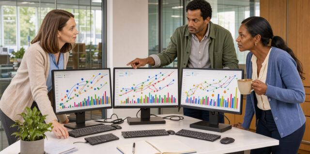Deux femmes et un homme analysent ensemble des graphiques de croissance abstraits sur des ordinateurs dans un bureau moderne et lumineux.