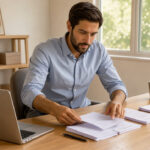Un homme freelance organisé travaille à un bureau lumineux avec des documents vierges soigneusement triés et un ordinateur portable.