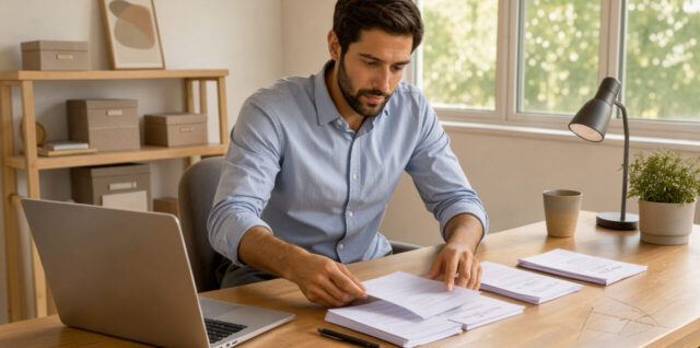 Un homme freelance organisé travaille à un bureau lumineux avec des documents vierges soigneusement triés et un ordinateur portable.