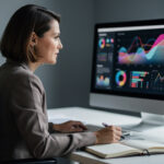Responsable marketing B2B analysant des données visuelles sur un écran dans un bureau professionnel sobre.