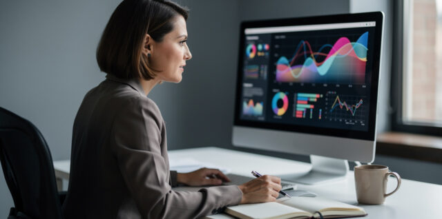 Responsable marketing B2B analysant des données visuelles sur un écran dans un bureau professionnel sobre.