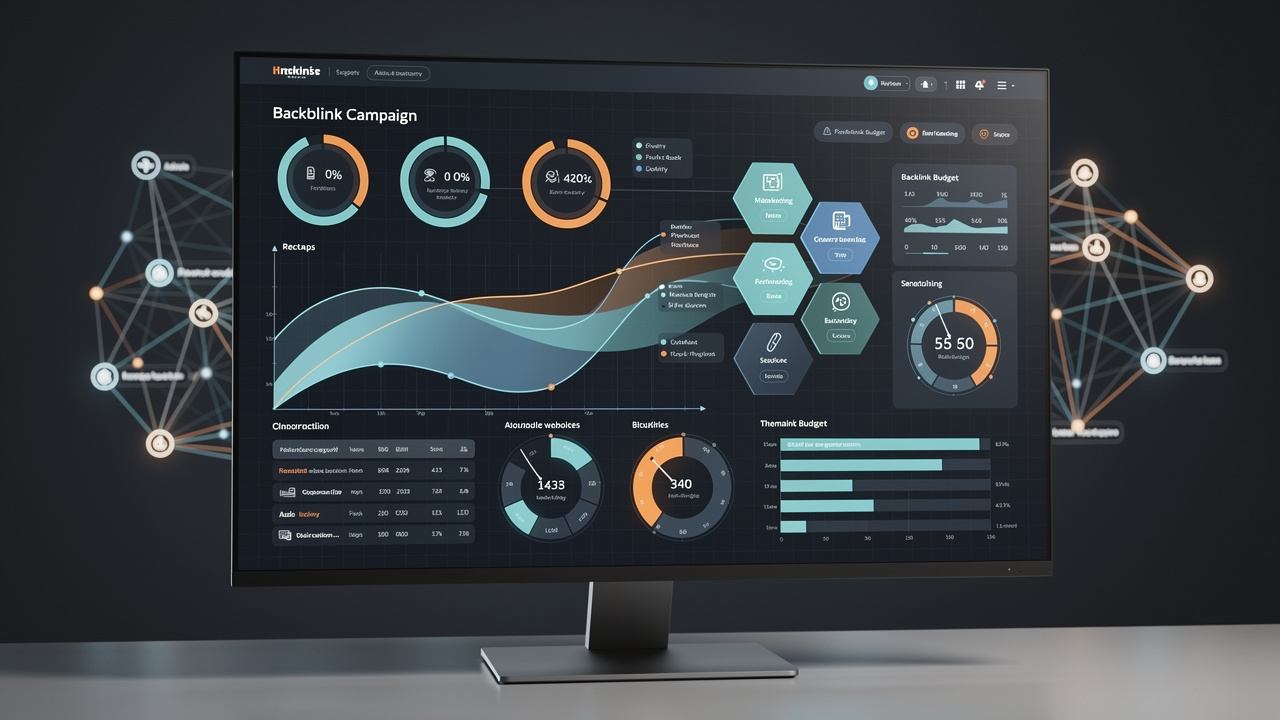 Interface de pilotage visuelle présentant des courbes de trafic, des regroupements thématiques de sites, des indicateurs de budget et un réseau de liens interconnectés.